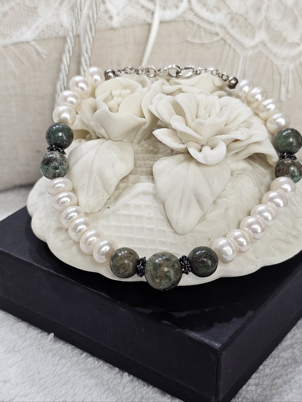 Freshwater Pearls and Tree Agate Bead Bracelet Adjustable up to 7 3/4 Inches
